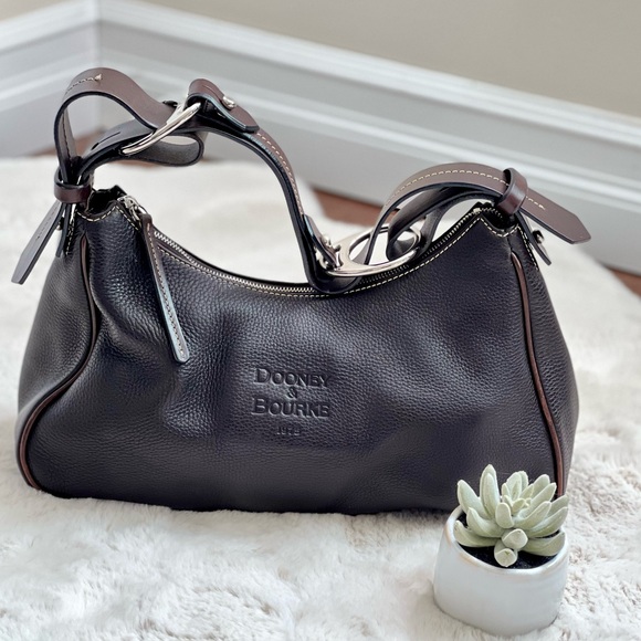 Dooney & Bourke Handbags - Dooney & Burke Black Pebble Leather Shoulder Bag Brown Trim goldtone hardware